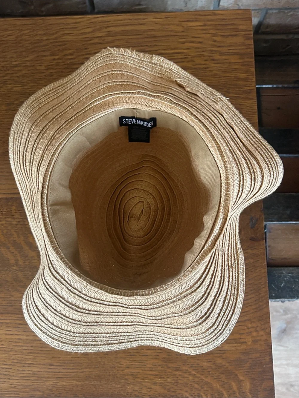 Steve Madden Tan Straw Floppy Sun Hat with Brown Braided Band